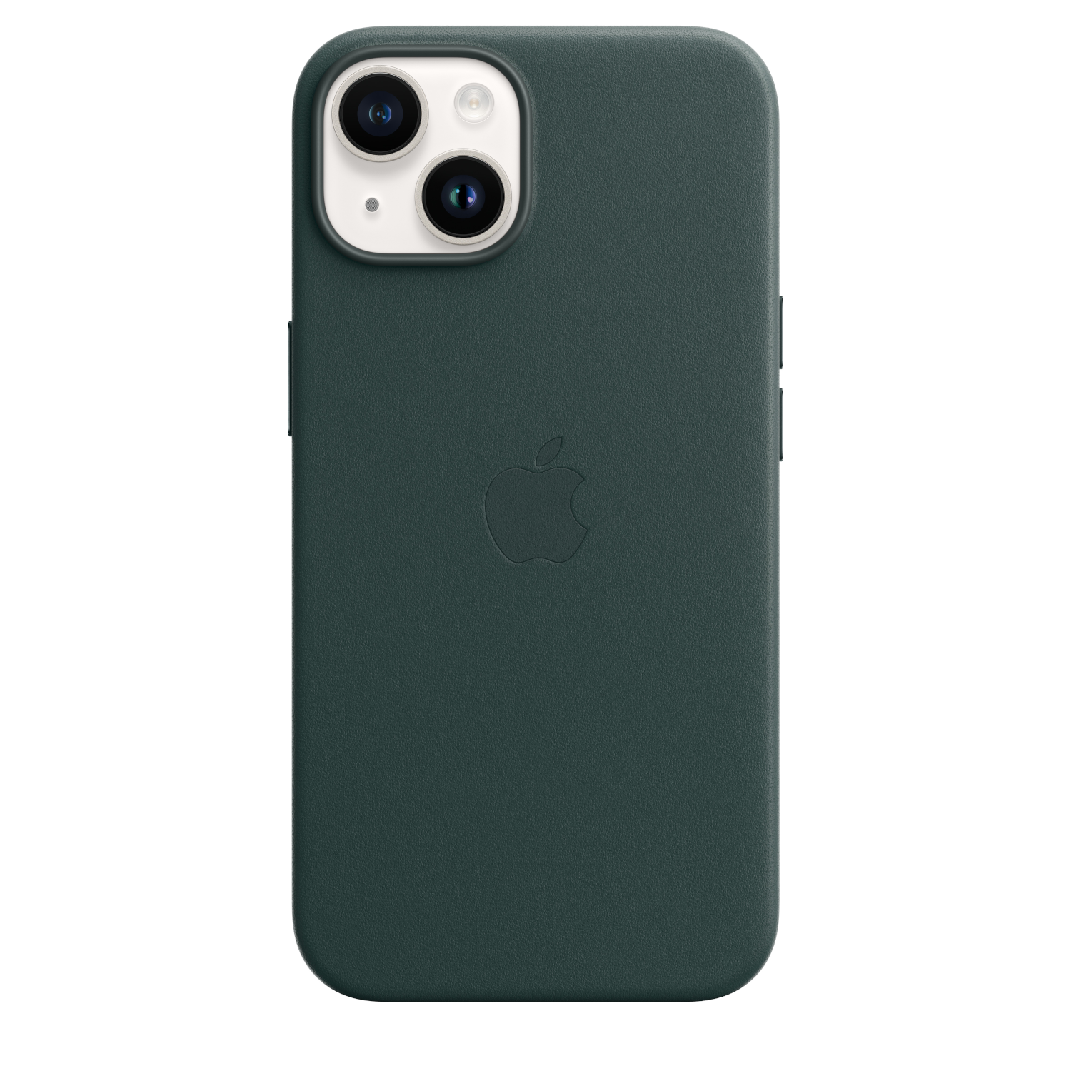 Donkergroene iPhone-hoes met het Apple-logo en zichtbare camera-uitsparingen.