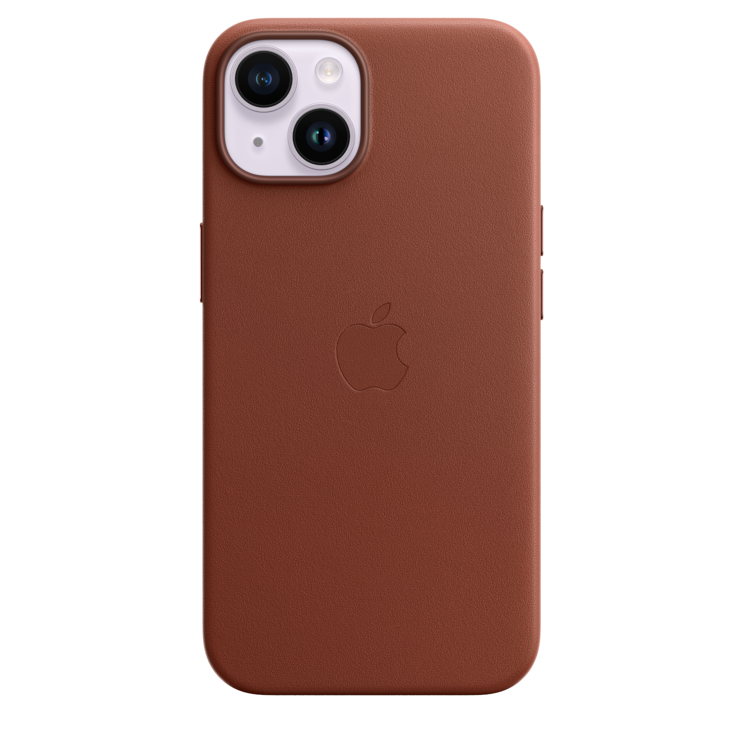 Close-up van een bruine leren telefoonhoes met het Apple-logo. De hoes zit op een telefoon.