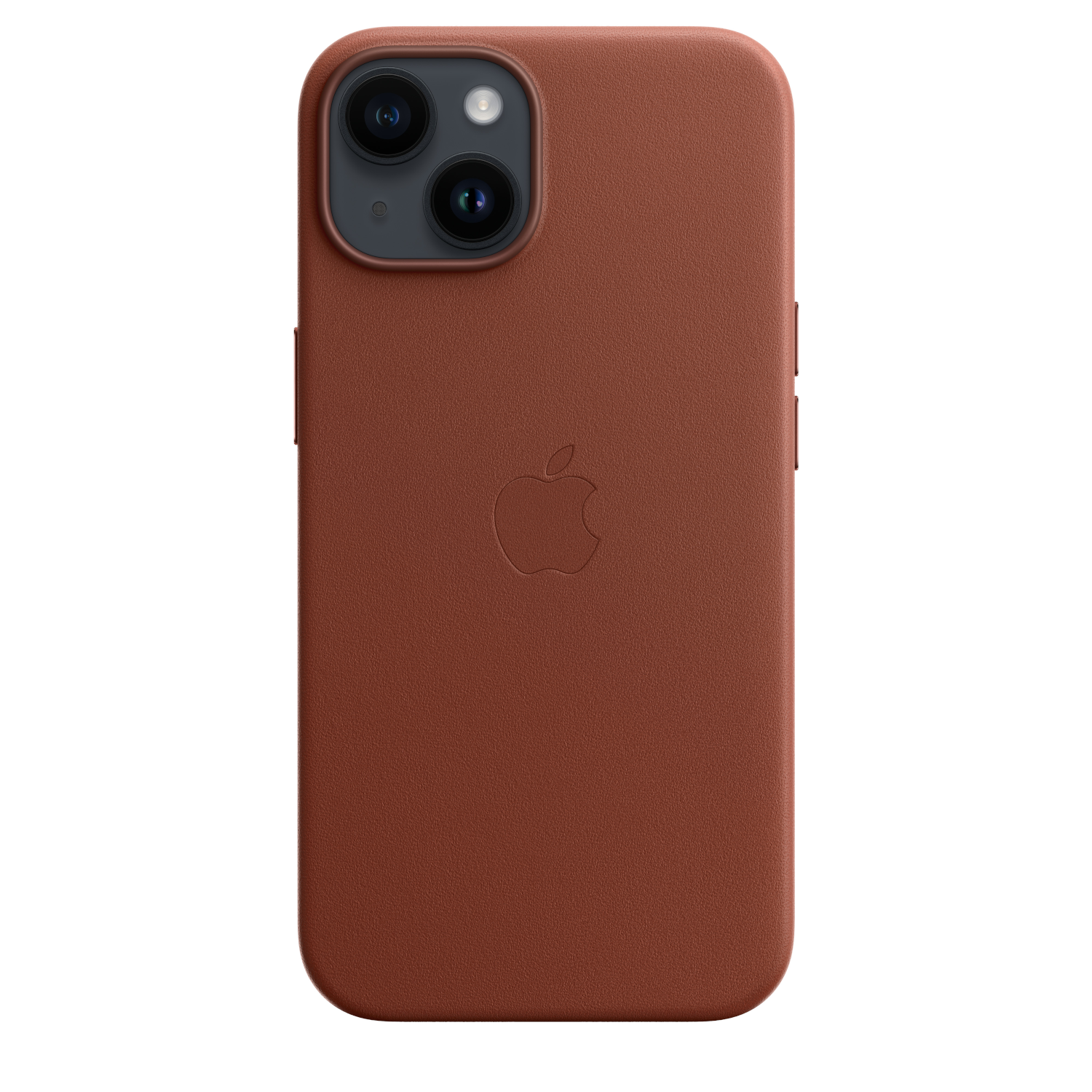 Een bruine leren telefoonhoes met het Apple-logo, met de cameramodule van de telefoon.