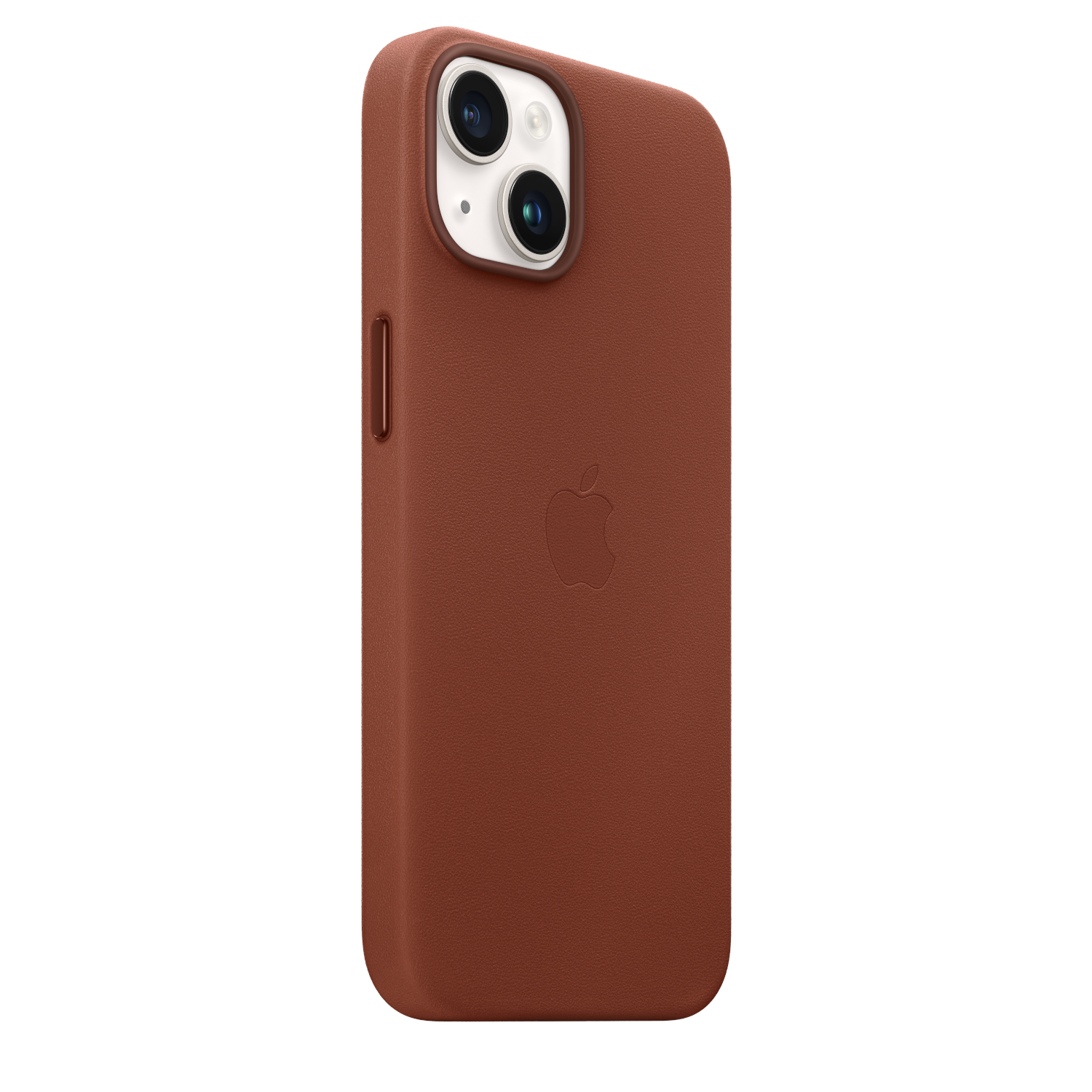 Bruine leren iPhone-hoes met telefoon erin, met het Apple-logo en de cameramodule.