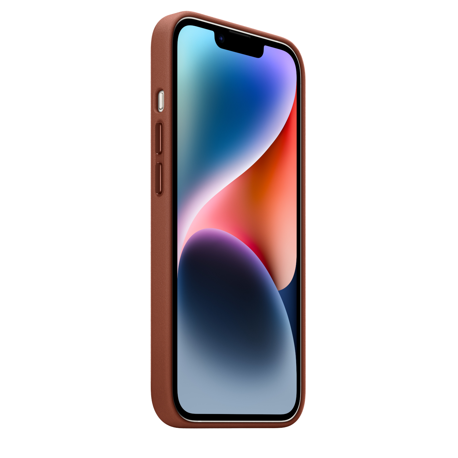 Een iPhone met een bruine leren hoes, die het scherm laat zien. Het scherm toont een kleurrijke afbeelding.