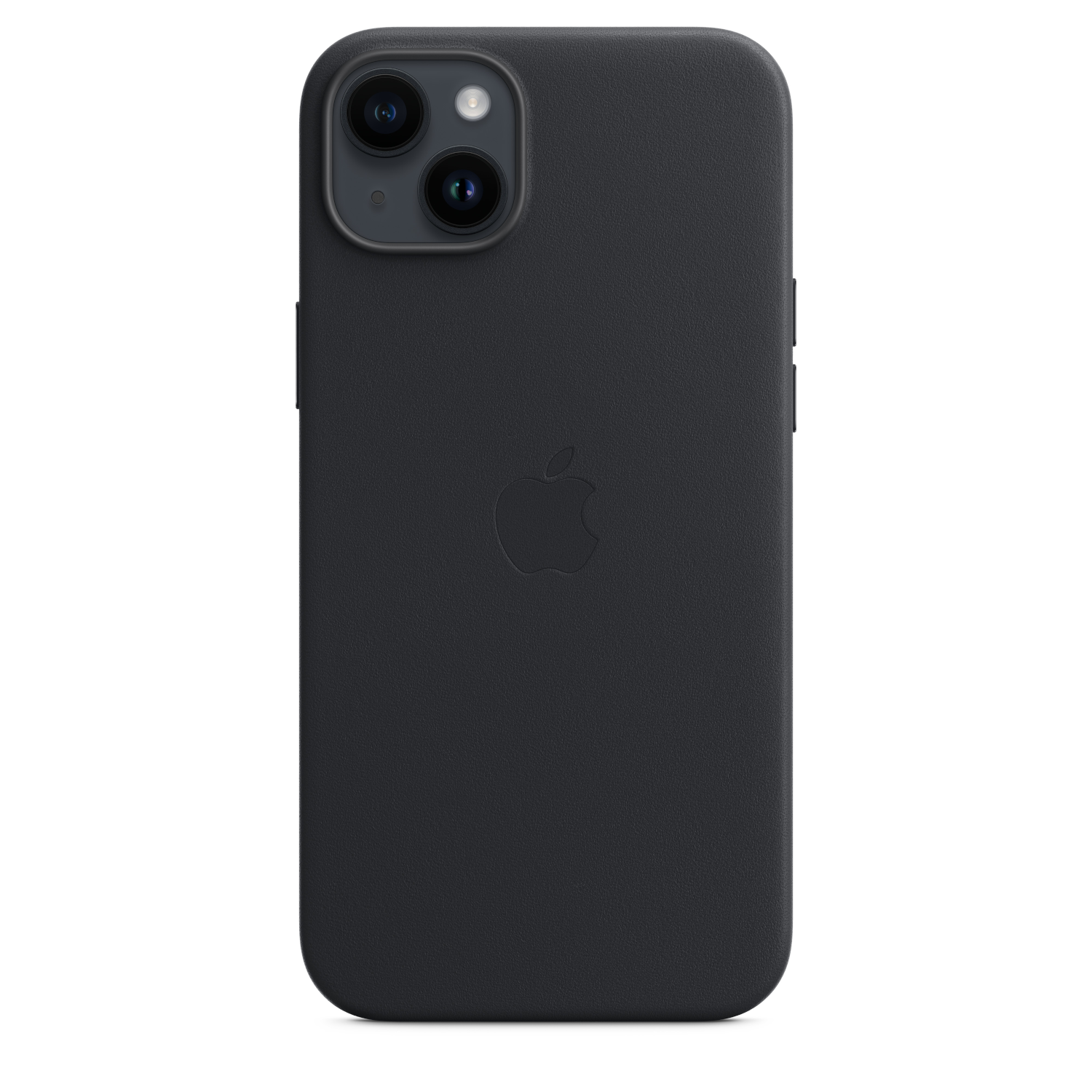 Een zwarte iPhone met een leren hoesje, met een subtiel Apple-logo in reliëf op de achterkant.
