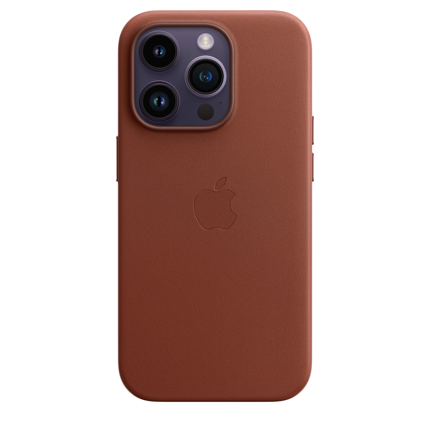 Bruine leren iPhone-hoes. Apple-logo in het midden, drie cameralenzen.