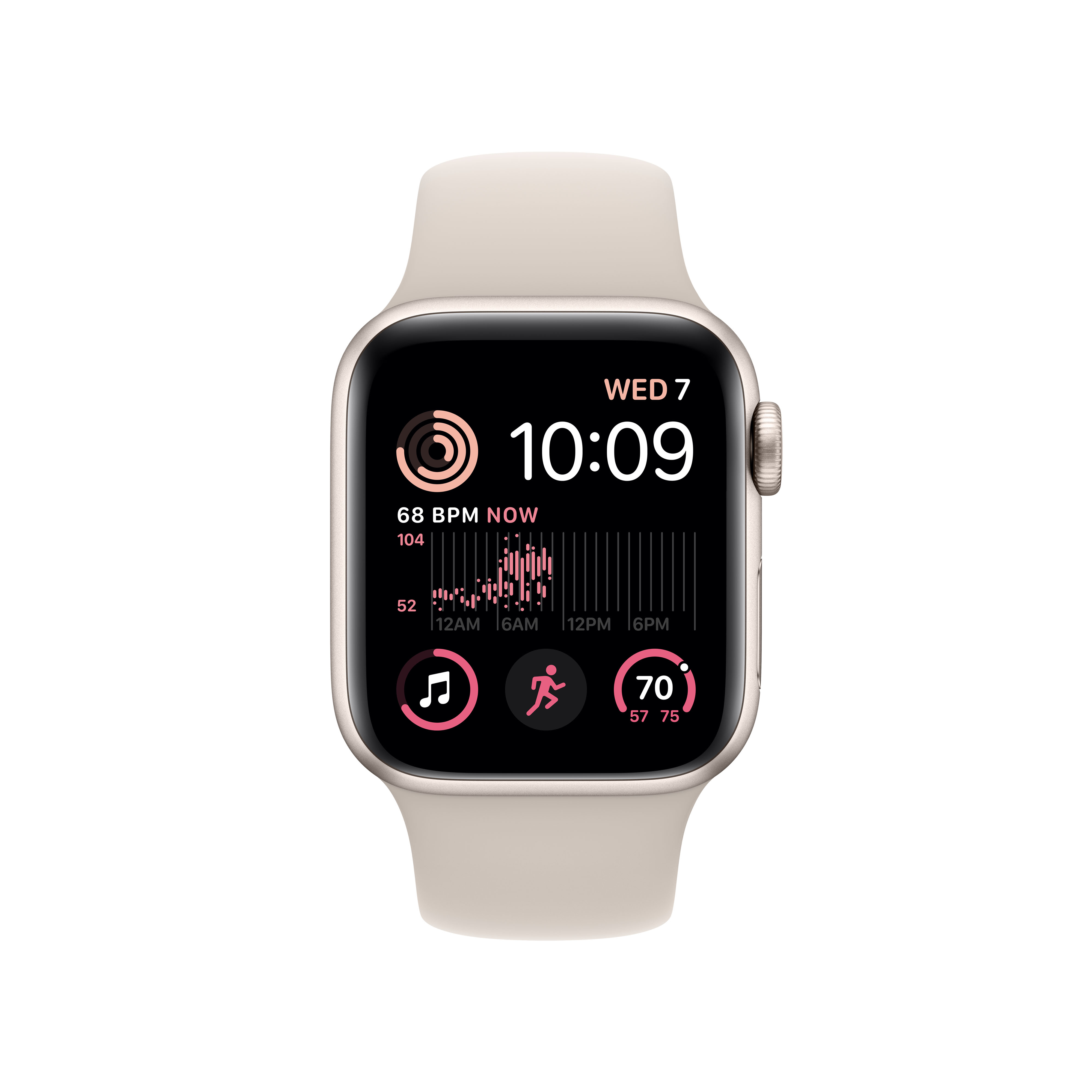 Smartwatch mit Zeit, Herzfrequenz und Aktivitätsdaten. Graues Armband.