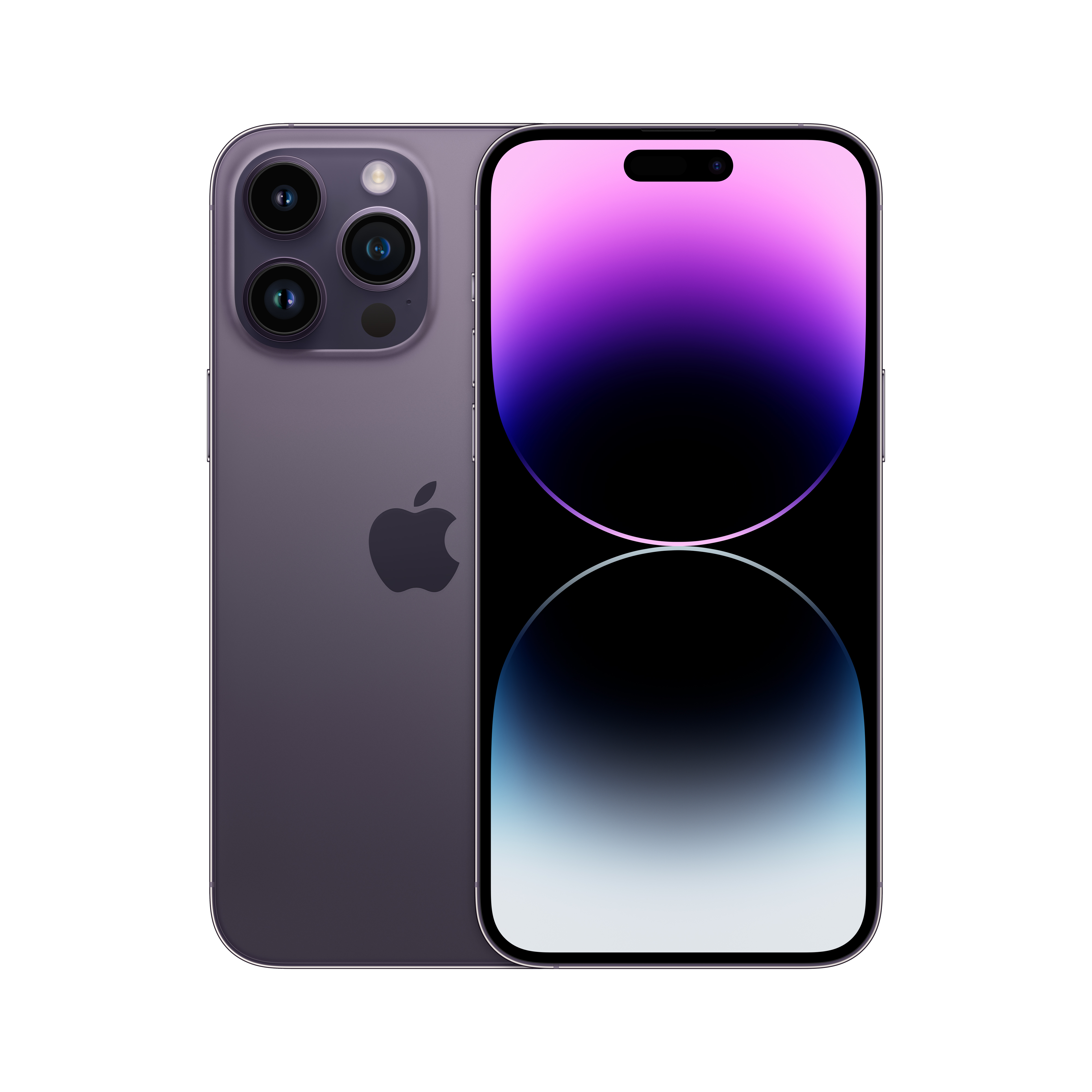 Mor iPhone, üç kamera ve büyük ekranlı. Siyah arka plan.