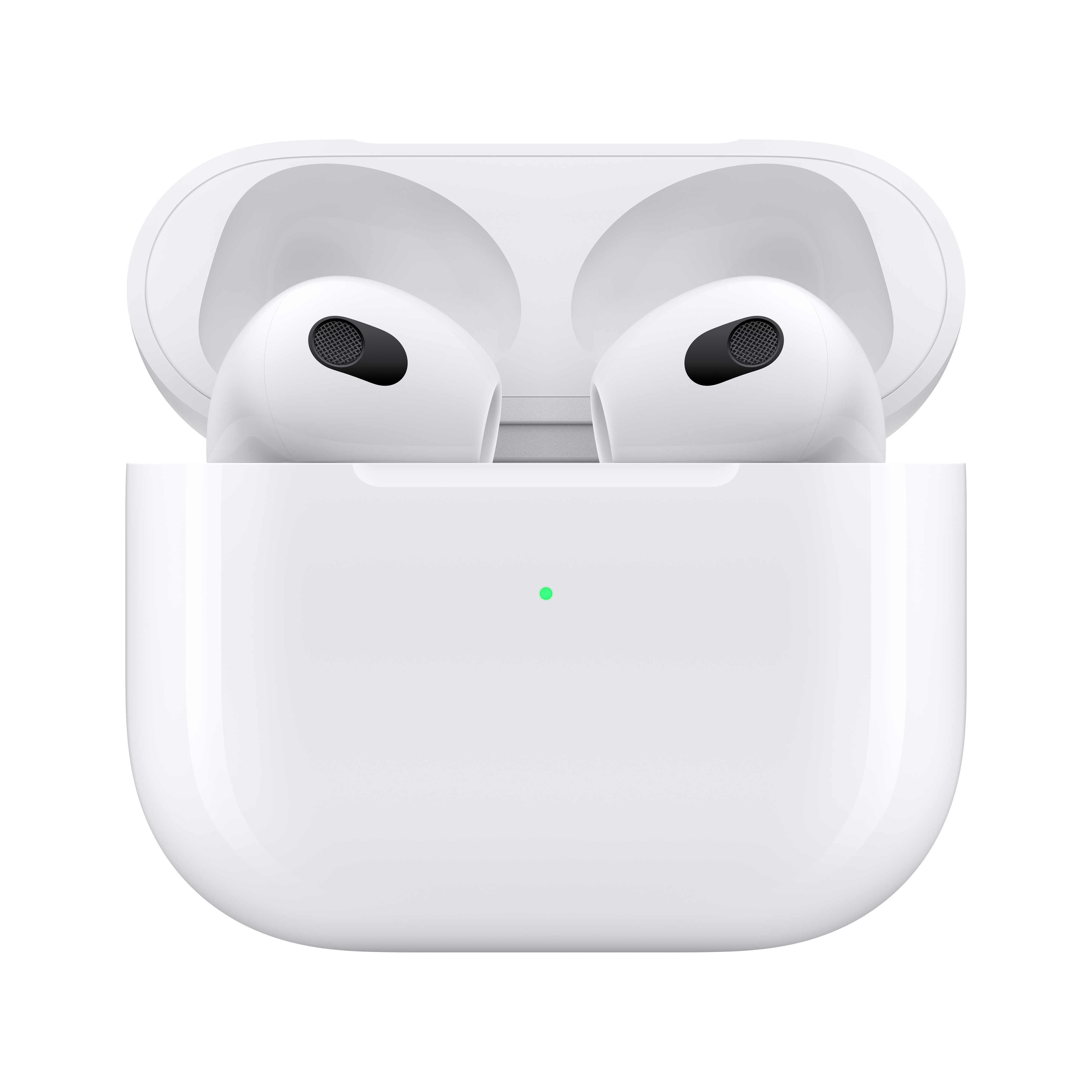 Fehér AirPods Pro tok nyitva, benne két fehér fülhallgató. Zöld fény látható.