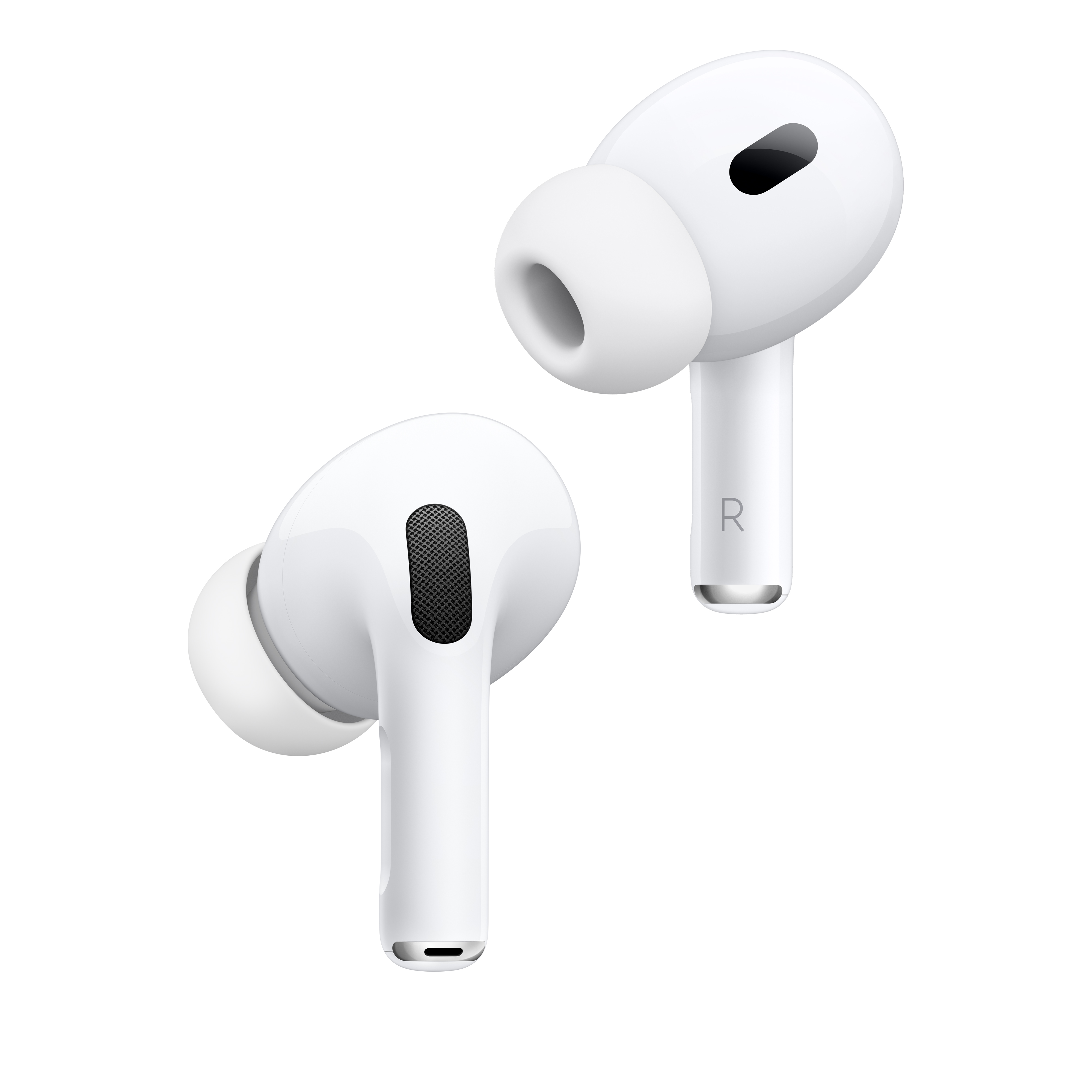 Fehér AirPods Pro 2. generáció. Két fülhallgató fehér háttérrel.