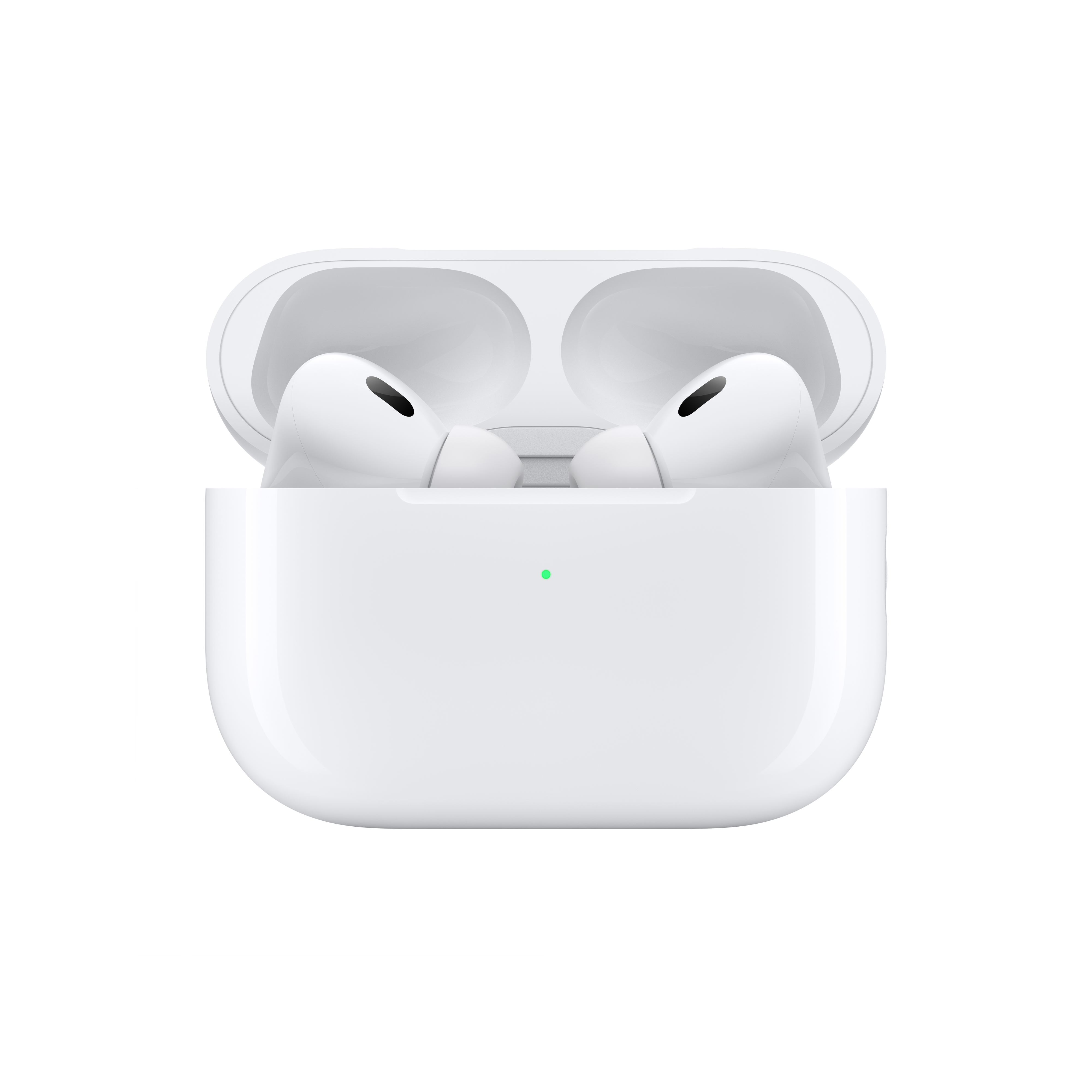 Fehér AirPods Pro 2. generációs tok, benne két AirPod-dal.