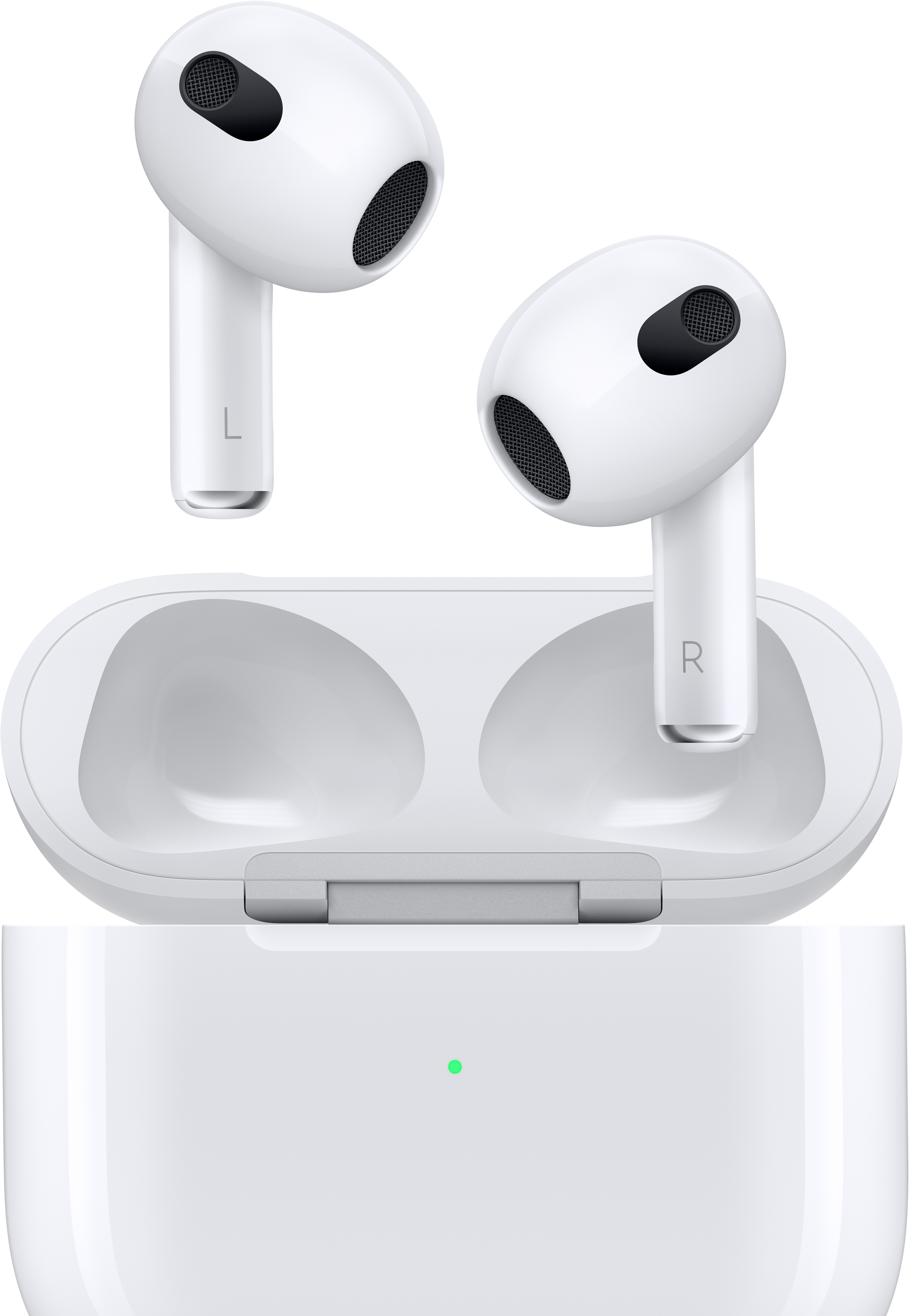 Fehér Apple AirPods és töltőtok, ferde nézet, fekete háttéren.