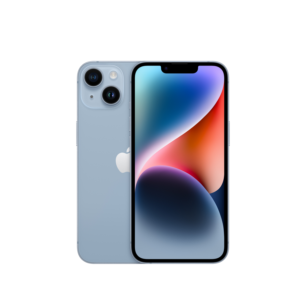 iPhone azul mostrando la parte trasera, con triple cámara y logo de Apple.