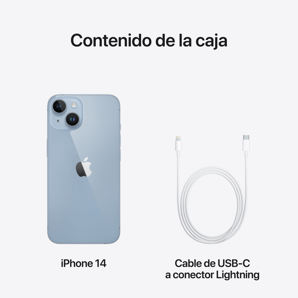 iPhone 14 y cable USB-C a Lightning, sobre fondo blanco. El teléfono es azul.
