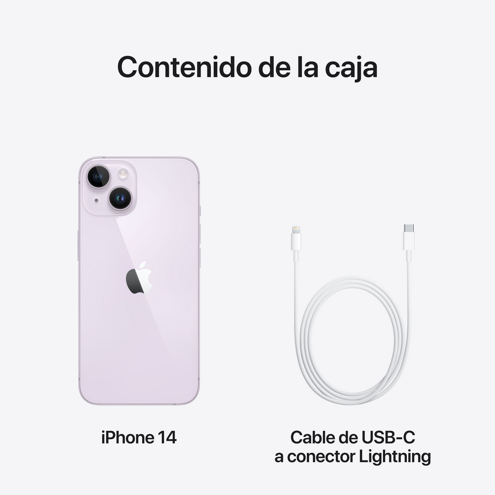 iPhone 14 con cable USB-C a Lightning, presentado en una caja, fondo blanco.