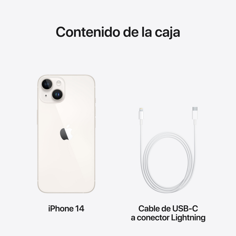 Un iPhone 14 y un cable USB-C a Lightning se muestran sobre un fondo blanco, con texto arriba.
