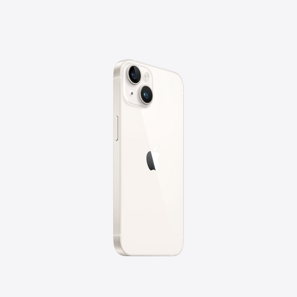Un iPhone blanco, mostrando su parte trasera con el logo de Apple y la cámara.