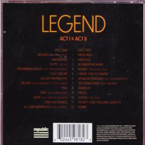 Pochette de CD pour 'Legend Act I & II' de John Legend. Fond noir, liste des titres visible.