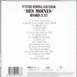 Album-Rückseite mit einer Titelliste für ein Konzert im Veterans Memorial Auditorium, Des Moines, 29. November 1977.