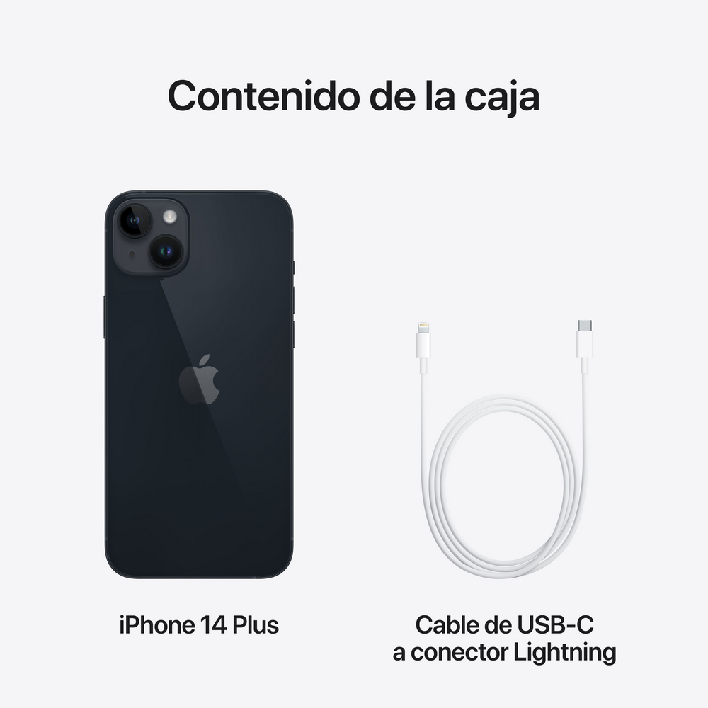 Un iPhone 14 Plus y un cable USB-C a Lightning sobre fondo blanco, con etiquetas de texto.