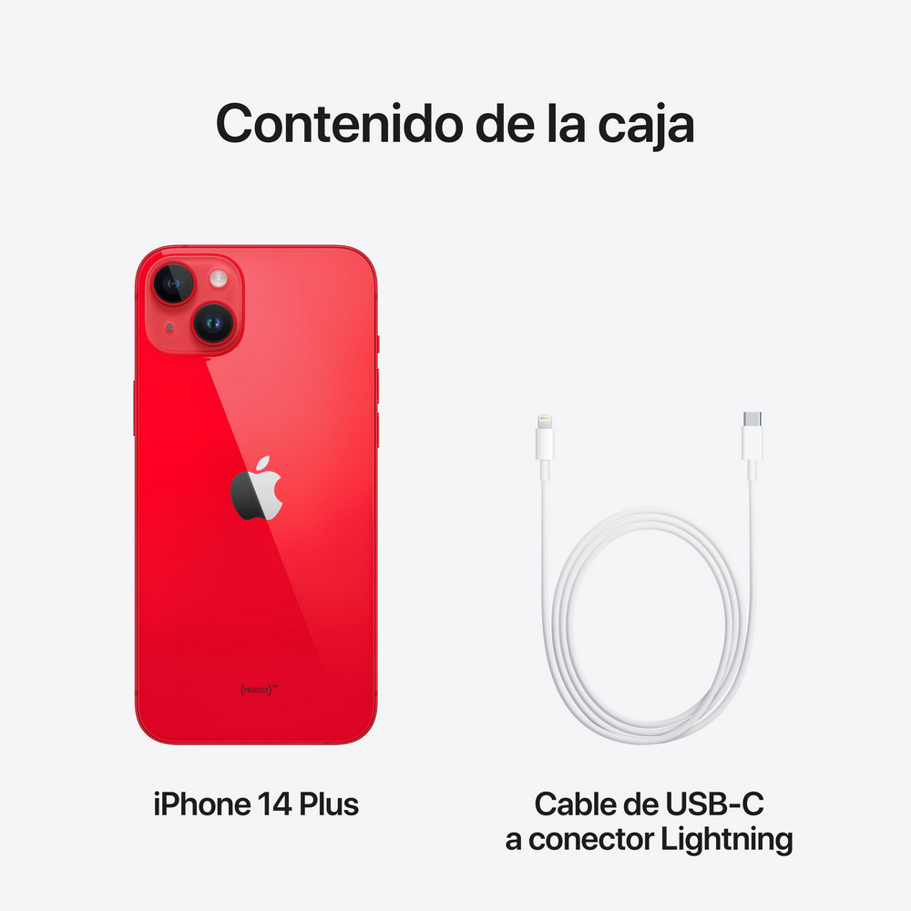 iPhone 14 Plus rojo y un cable USB-C a Lightning sobre un fondo blanco, con texto.