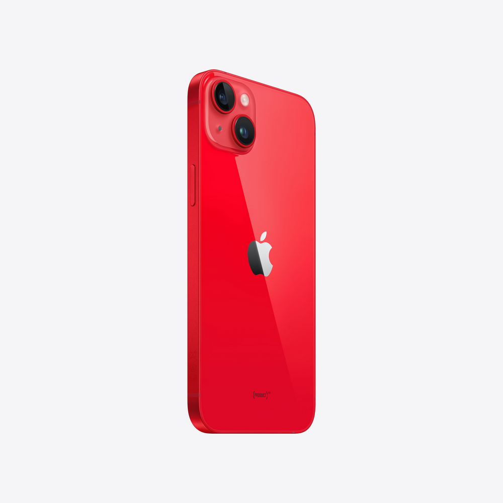 Un iPhone rojo, mostrando la parte trasera con el logo de Apple y el módulo de cámara.