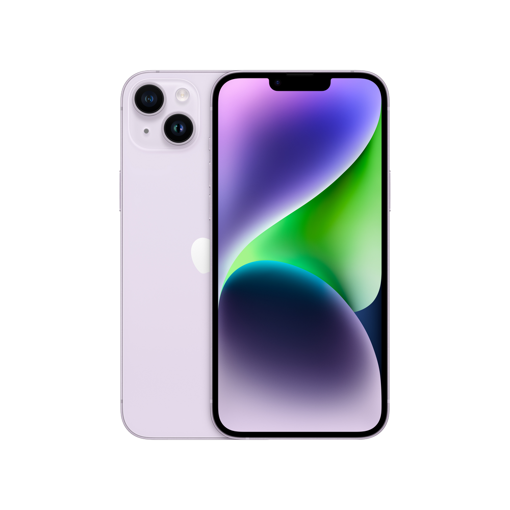 Un iPhone 14 morado claro con dos cámaras traseras, una pantalla negra y un fondo negro.