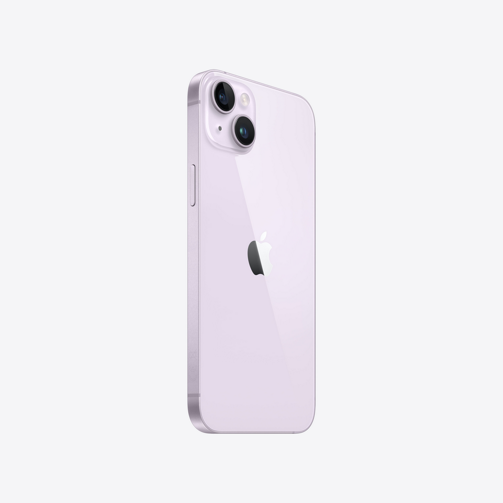Un iPhone lila claro, vista trasera. Se ven el logo de Apple y las lentes de la cámara.