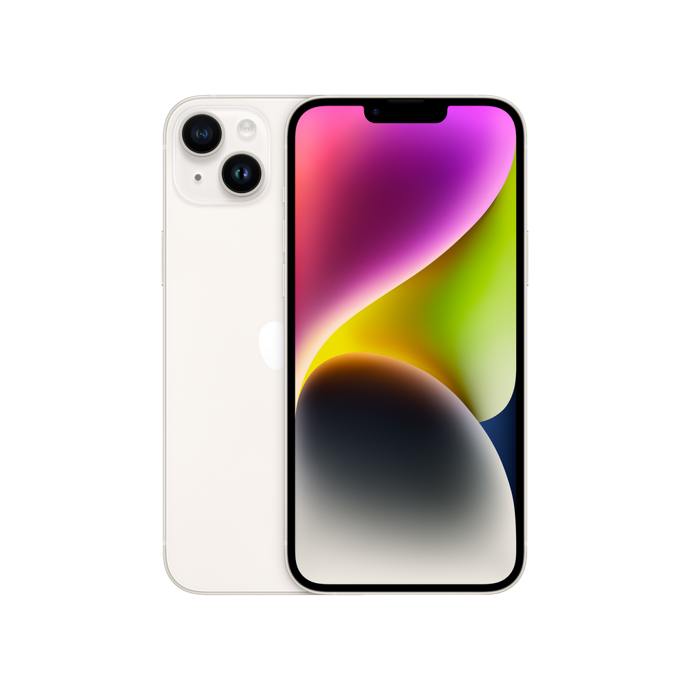iPhone blanco con cámaras duales. Parte trasera con logo Apple. Pantalla con gradiente colorido.