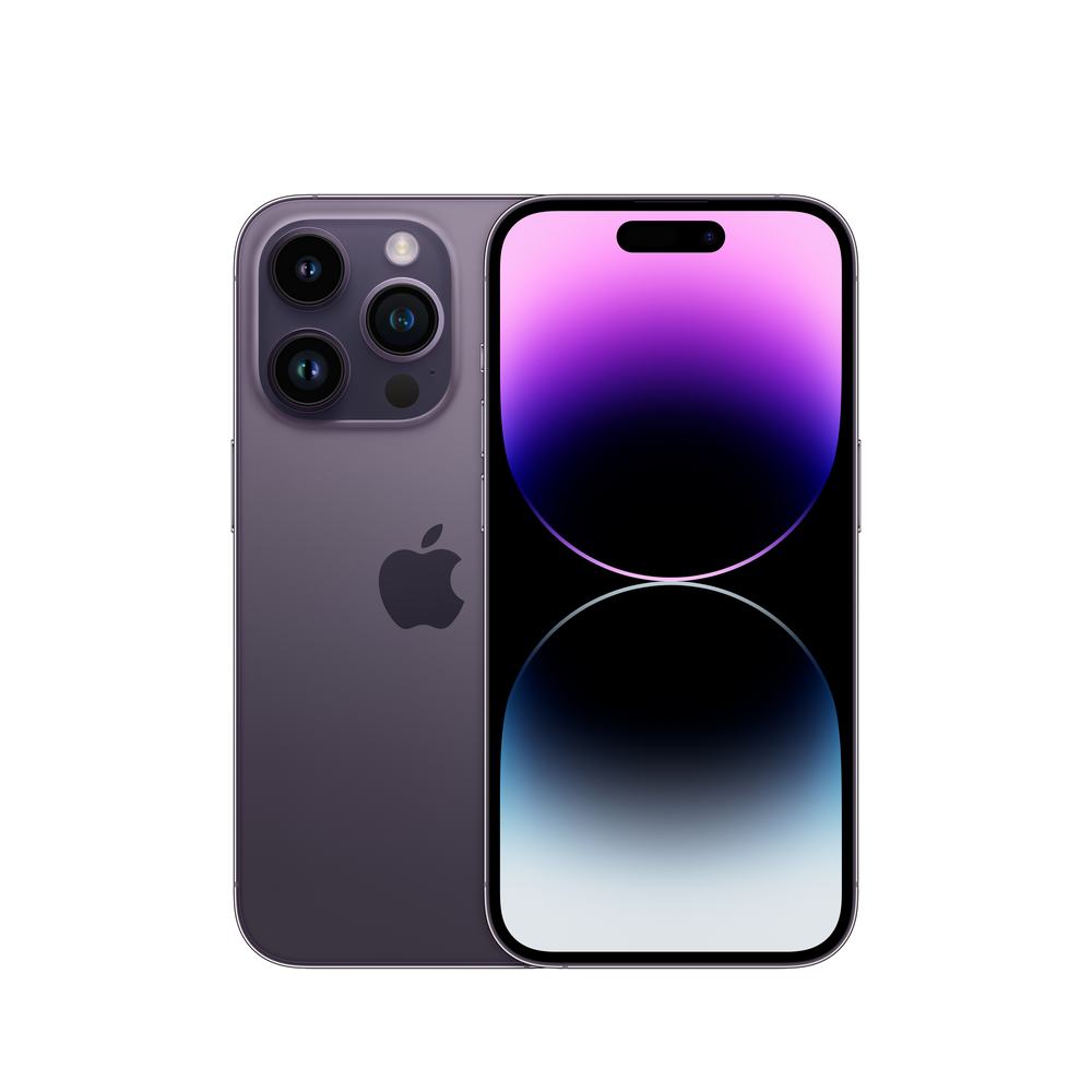 iPhone morado con tres cámaras. Se ven la parte trasera y delantera del teléfono.