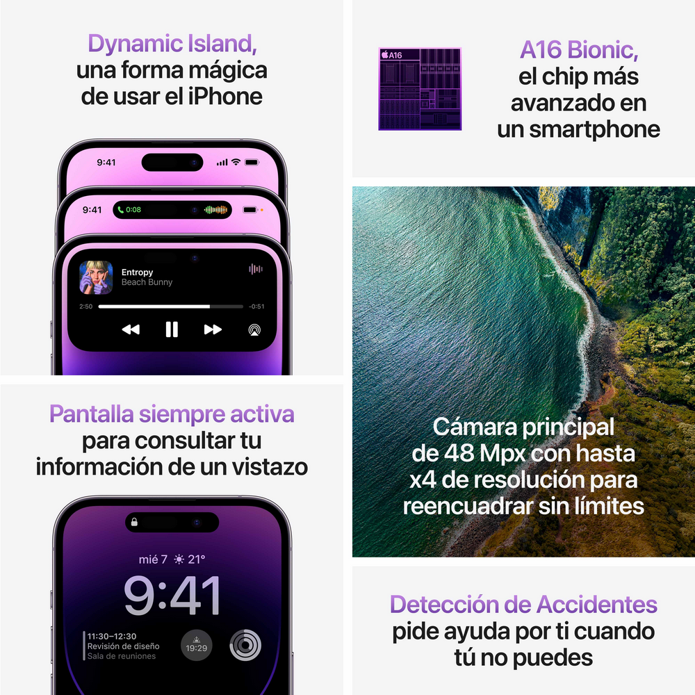 Características del iPhone: Isla Dinámica, chip A16 Bionic, Pantalla siempre activa y Detección de accidentes.