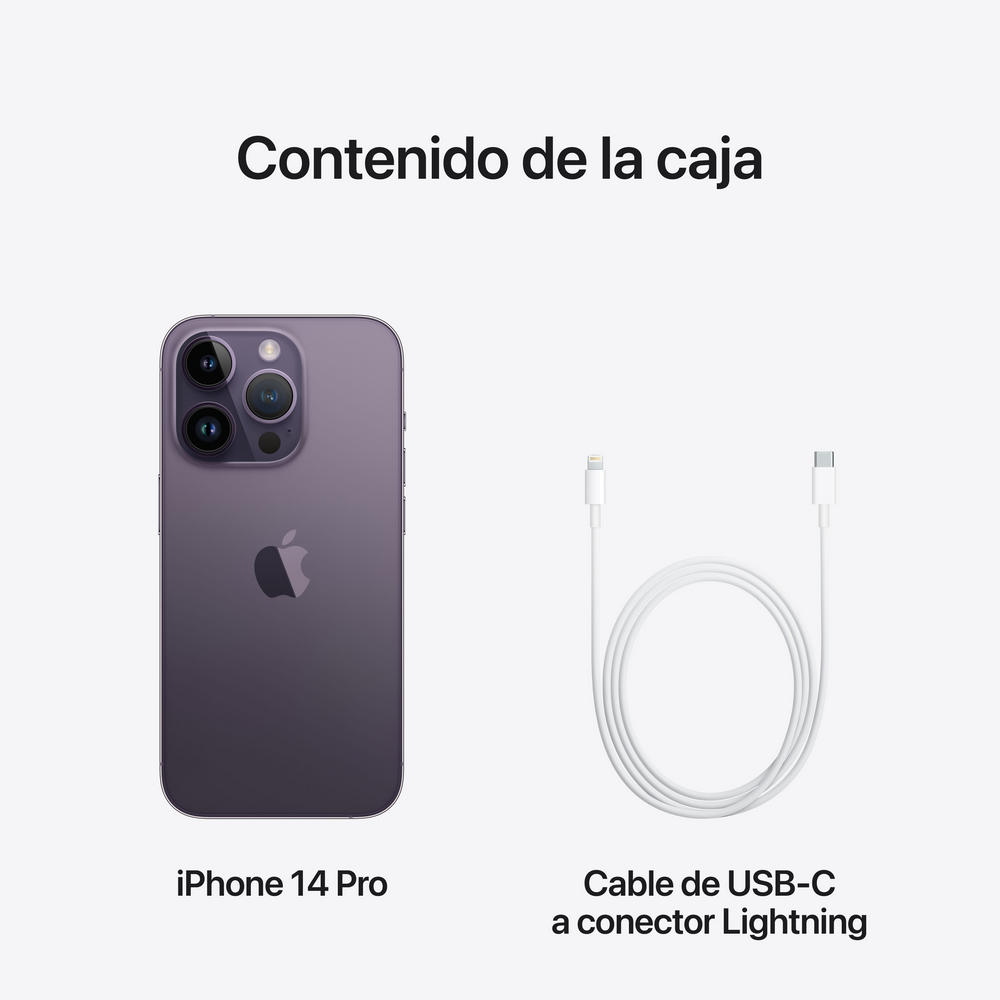 iPhone 14 Pro y cable USB-C a Lightning, sobre fondo blanco.