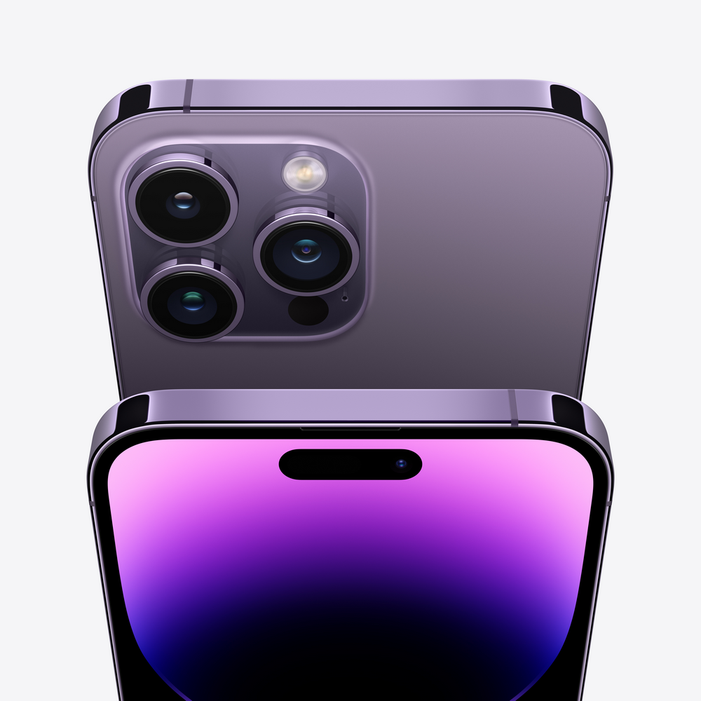 iPhone morado, vista superior, mostrando cámaras y pantalla. Marco negro alrededor de la pantalla.