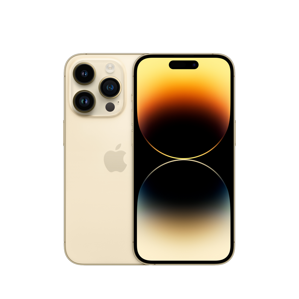 Un iPhone dorado con tres cámaras traseras y una pantalla con un degradado que refleja la luz.