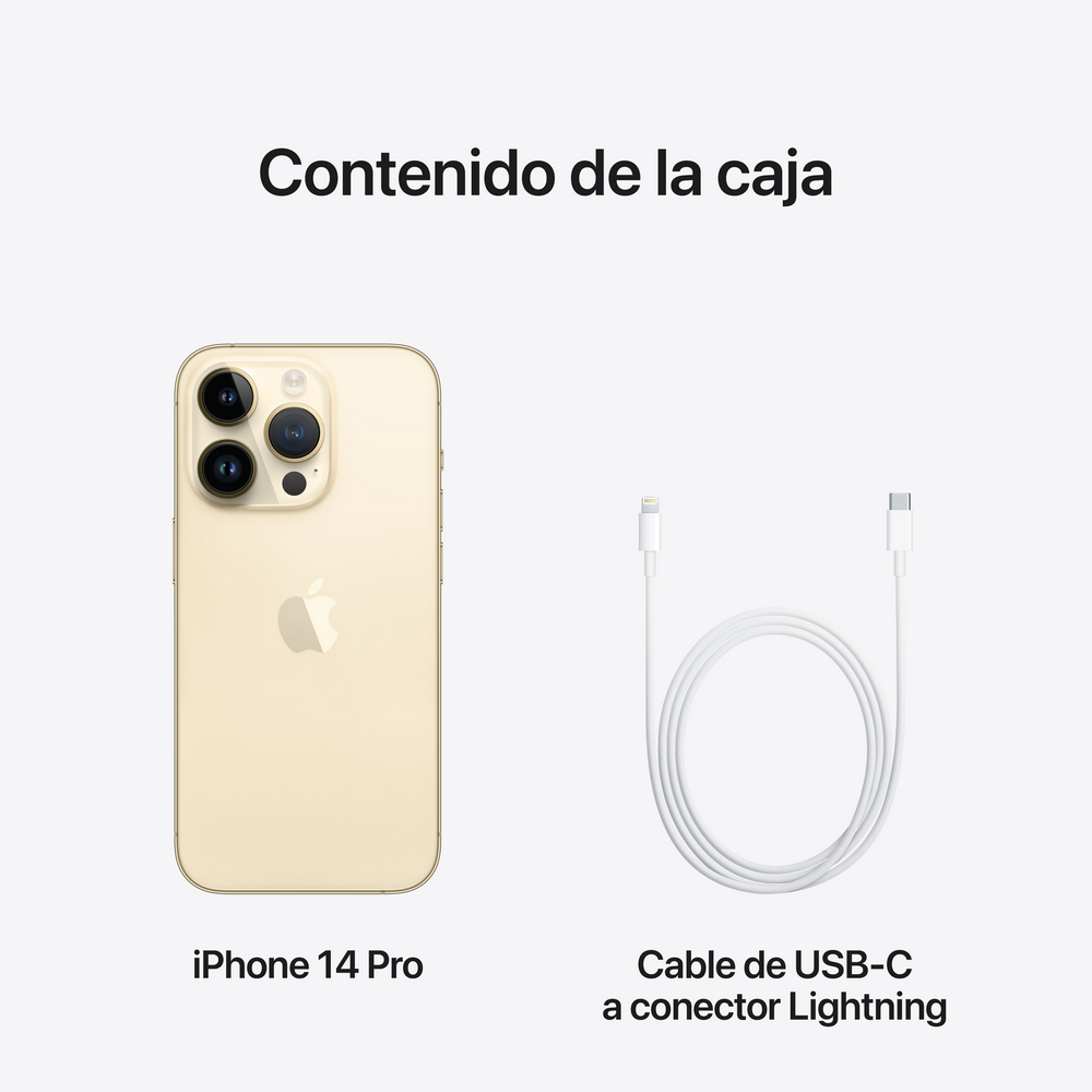 iPhone 14 Pro y cable USB-C a Lightning, contenido de la caja, fondo blanco.