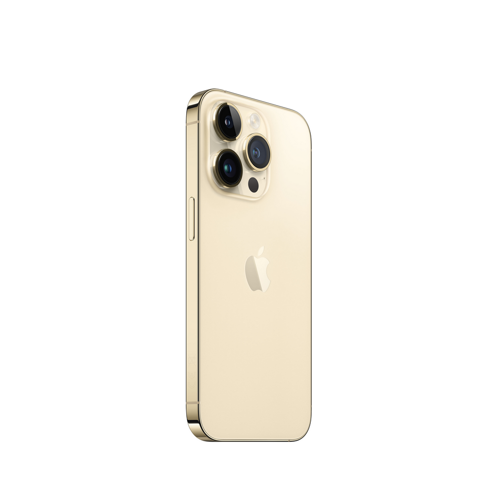 Smartphone dorado, vista trasera, mostrando cámaras y el logo de Apple, aislado sobre blanco.