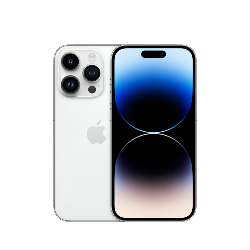iPhone blanco con tres cámaras y pantalla negra. El fondo es oscuro.