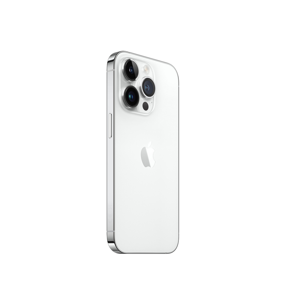 Un iPhone blanco con tres cámaras en la parte trasera. Está en ángulo para mostrar el lado.