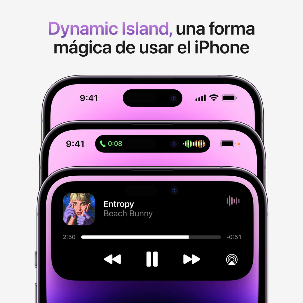 Tres pantallas de iPhone mostrando Dynamic Island, música y controles.