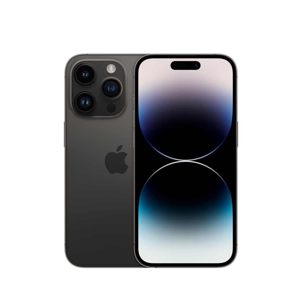 iPhone gris oscuro con tres cámaras y pantalla negra. El fondo es oscuro.