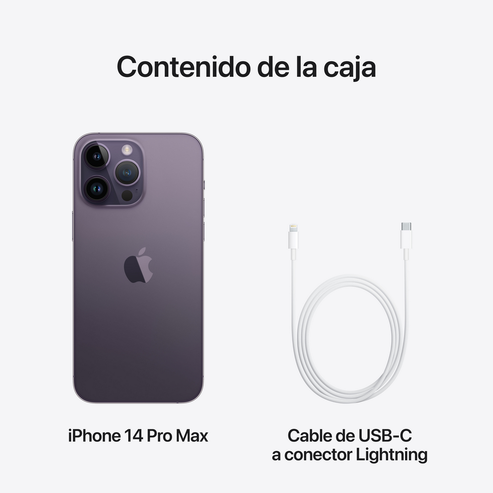 iPhone 14 Pro Max morado y cable USB-C blanco. Texto: Contenido de la caja.