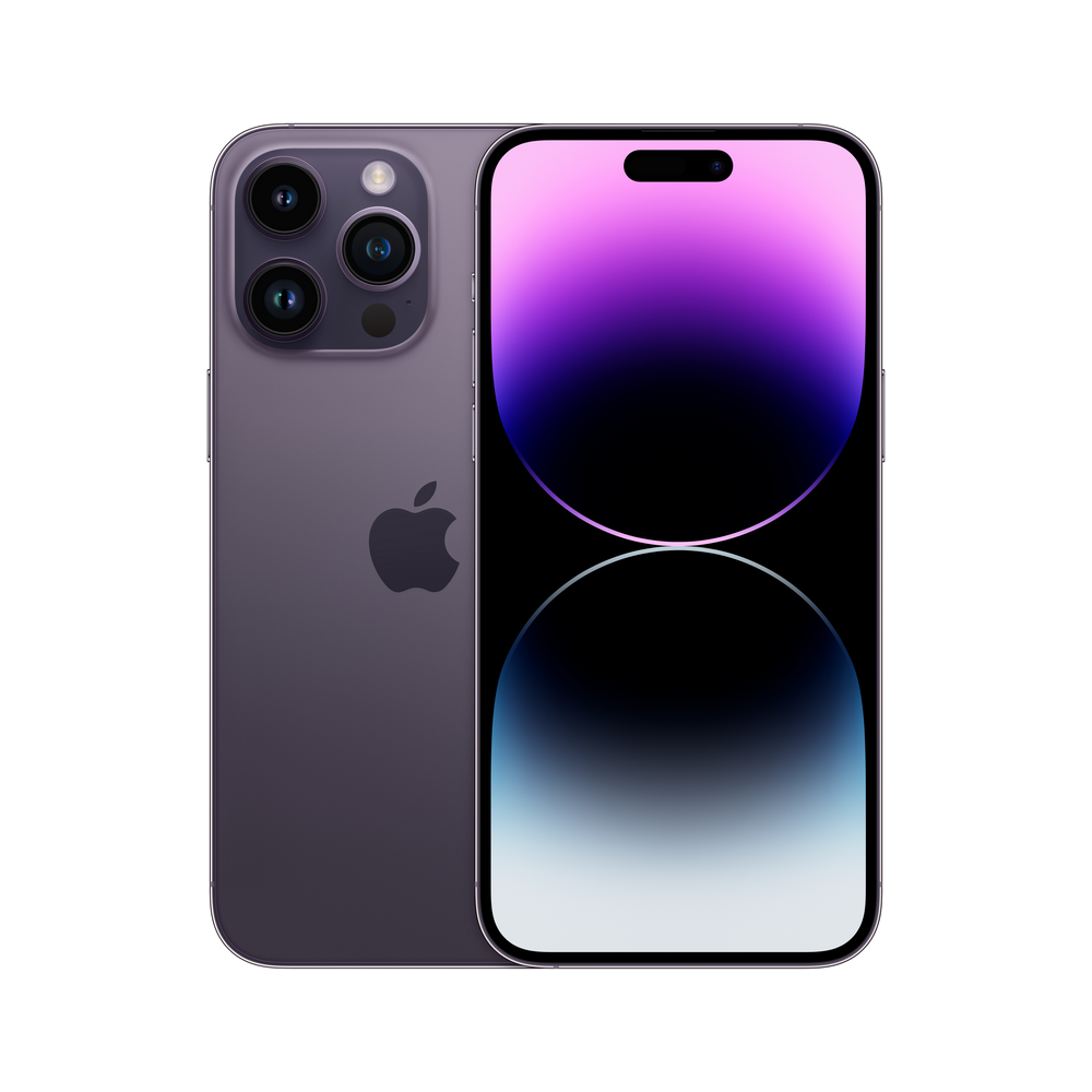 iPhone 14 Pro púrpura con tres lentes de cámara. Vista trasera muestra el logo de Apple.