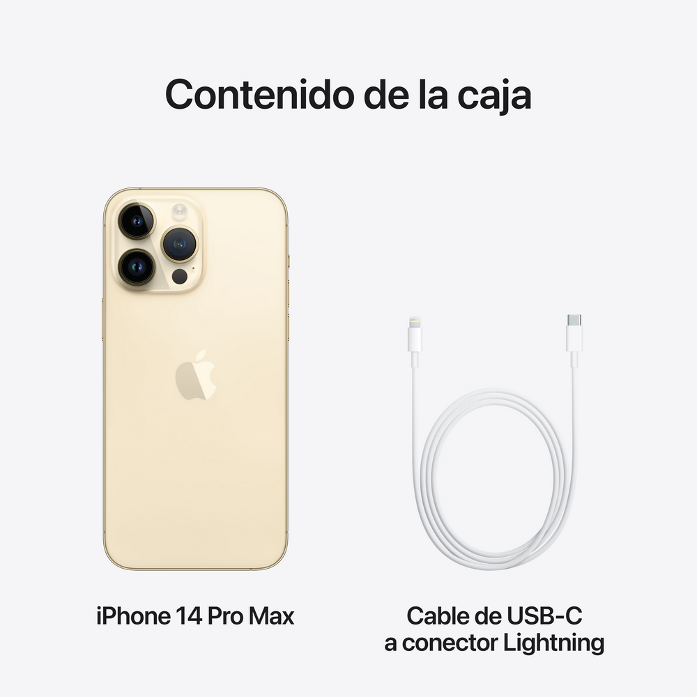 Un iPhone 14 Pro Max, un cable USB-C a Lightning y texto en español.