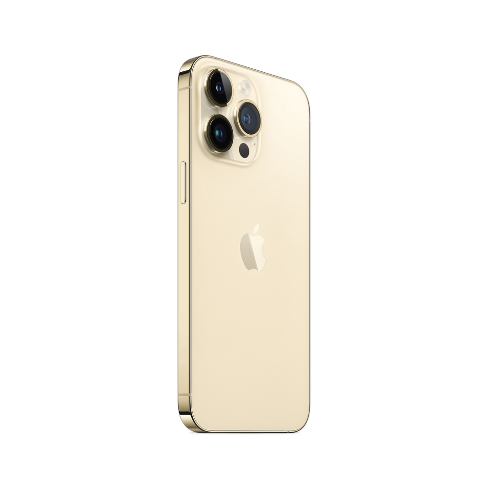 iPhone dorado, vista trasera, mostrando tres lentes de cámara y el logo de Apple sobre blanco.