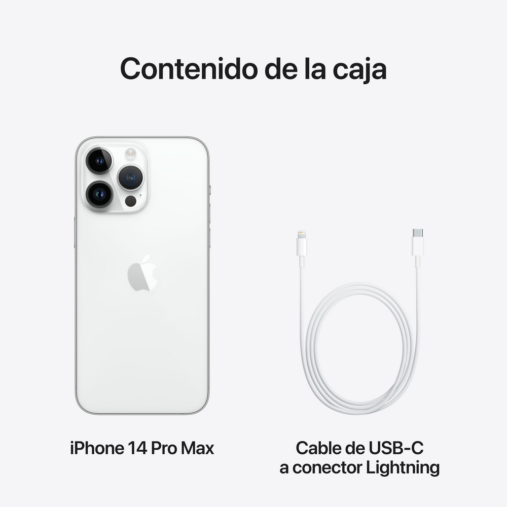 iPhone 14 Pro Max y cable de carga. Teléfono y cable blancos, fondo limpio. Texto: Contenido de la caja.