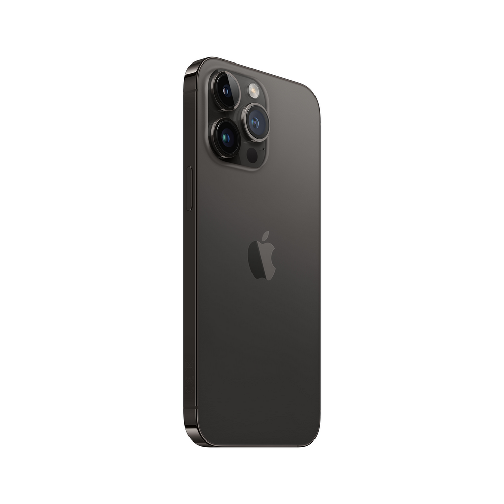iPhone 14 Pro negro sobre fondo blanco. La parte trasera del teléfono es visible con tres cámaras.