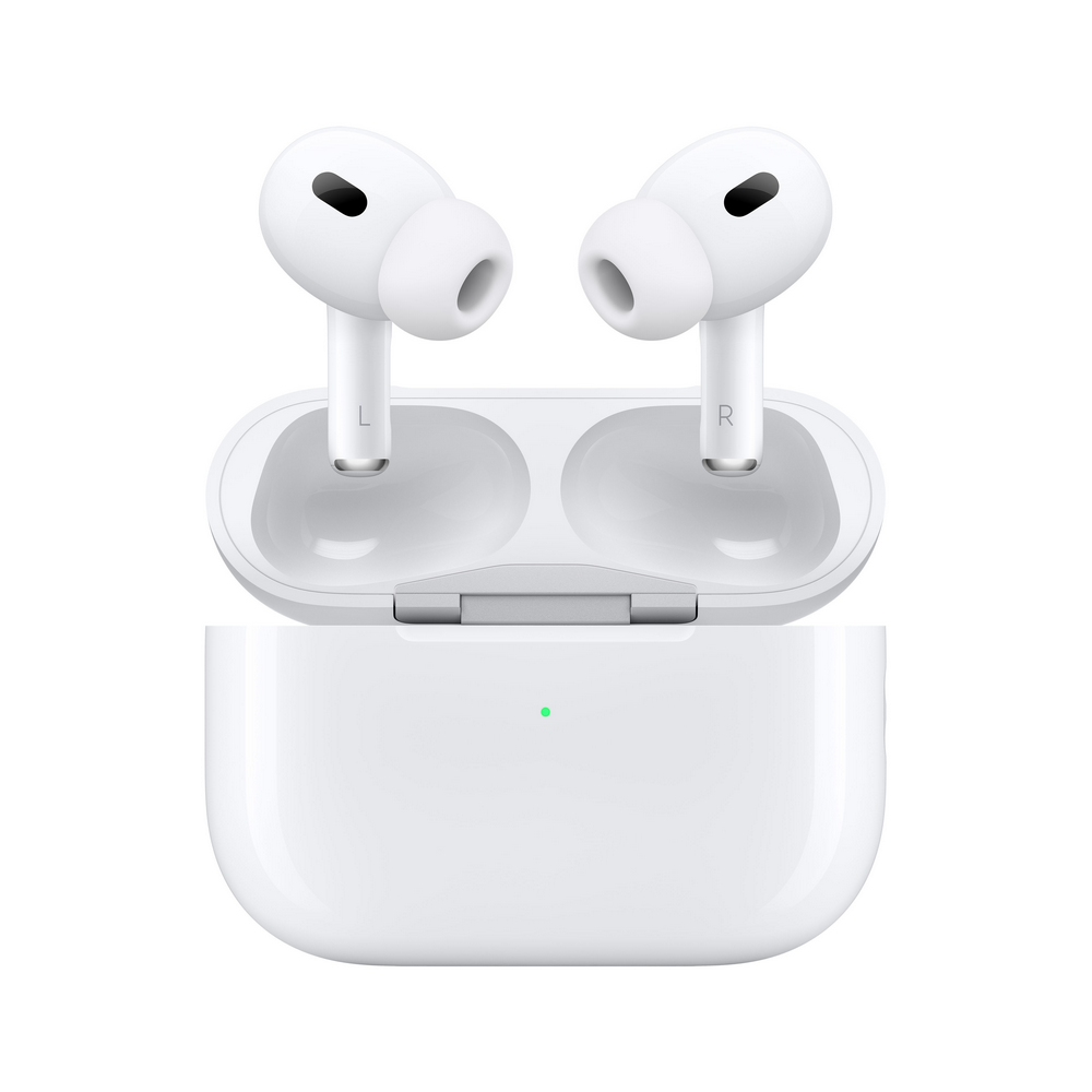 AirPods Pro 2ª generación blancos de Apple con el estuche de carga. El estuche está abierto, mostrando los auriculares.