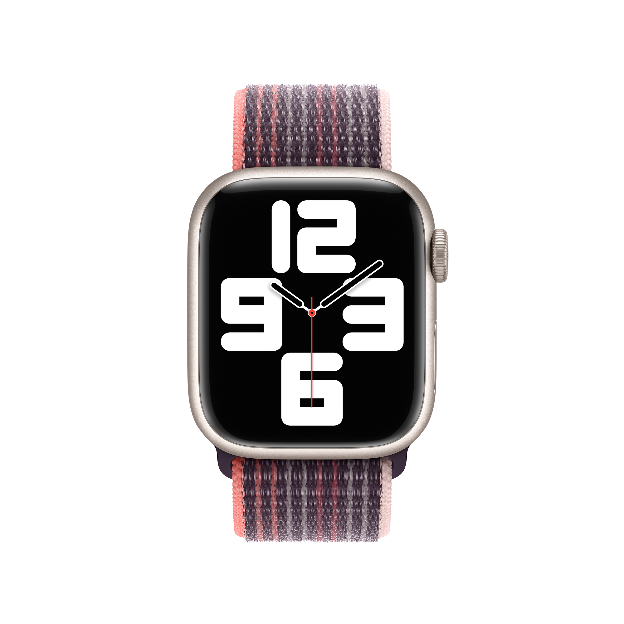 Goldene Apple Watch mit mehrfarbigem Armband, schwarzer Hintergrund.