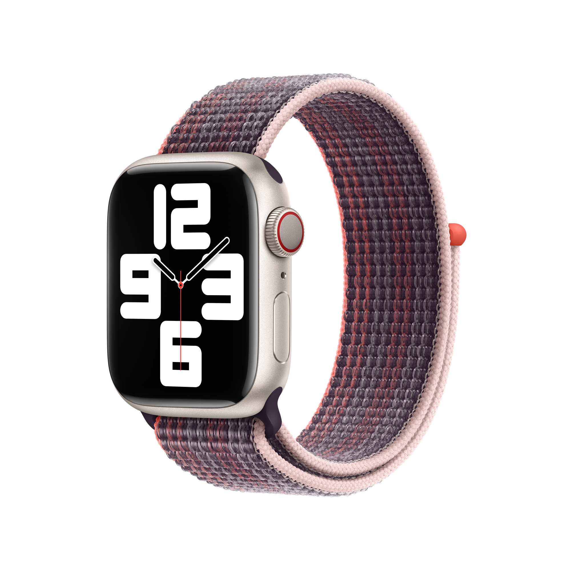Apple Watch mit schwarzem Bildschirm, der die Zeit anzeigt, und einem Stoffband mit rotem und grauem Design.