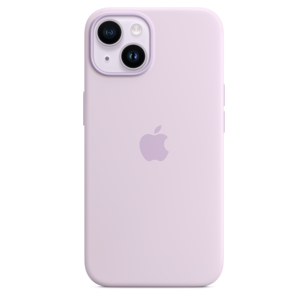 Ein helllila iPhone mit passender Hülle. Das Apple-Logo ist mittig auf der Rückseite des Telefons angebracht.
