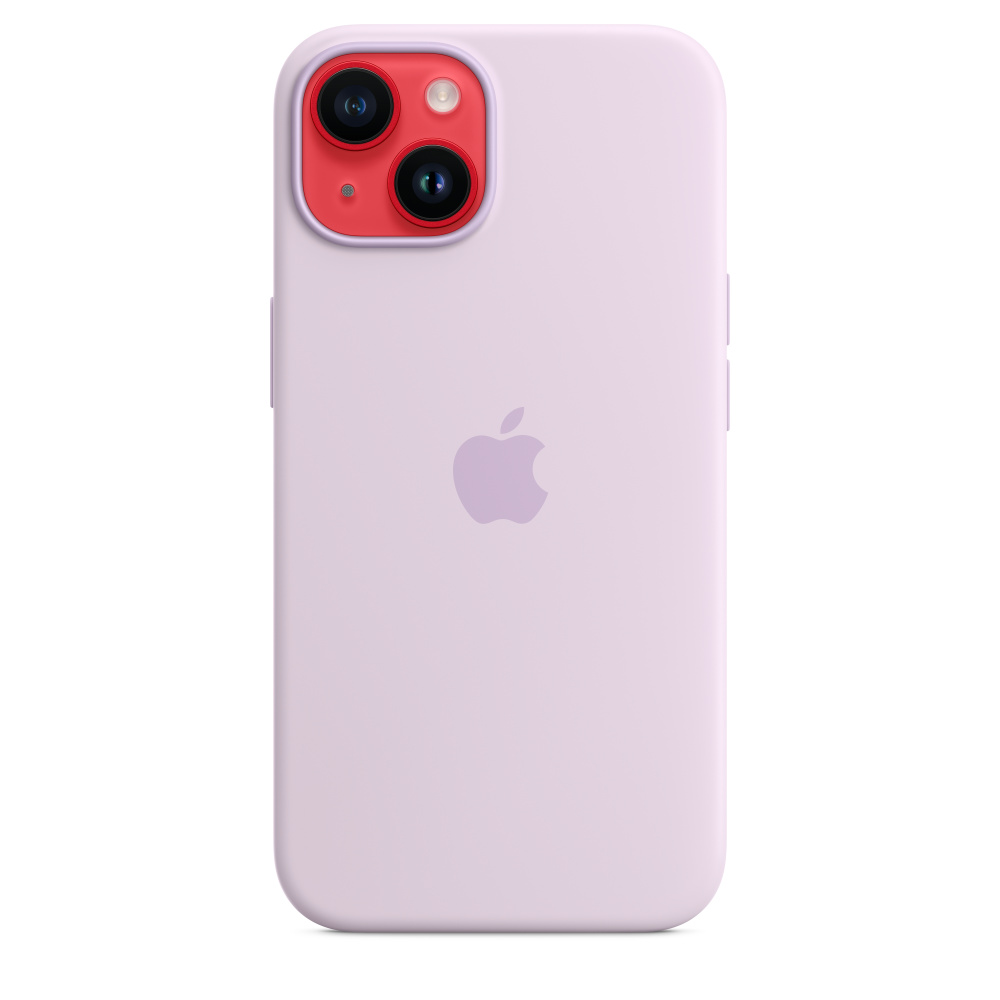 Eine hellviolette Handyhülle mit Kameraausschnitten in Rot. Das Apple-Logo befindet sich auf der Rückseite.