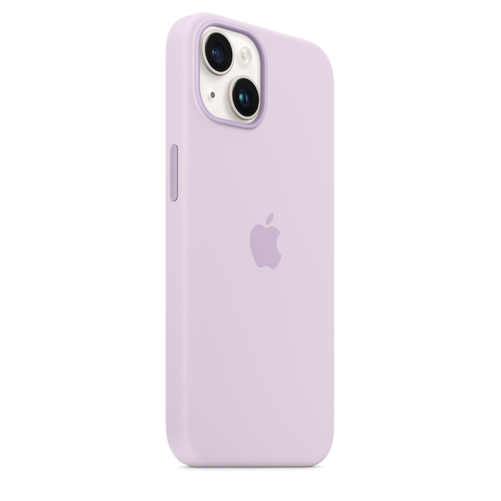 Lila iPhone-Hülle mit Telefon, zeigt Kameramodul und Apple-Logo auf der Rückseite.