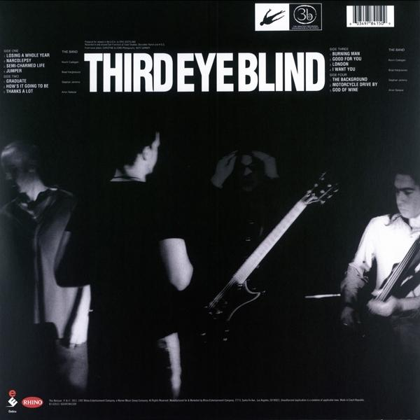 Rückseite eines Third Eye Blind Albumcovers mit der Band und den Songtiteln auf schwarzem Hintergrund.